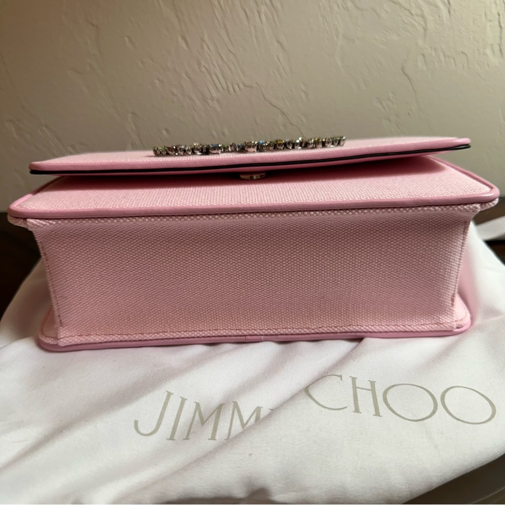 NWT Jimmy Choo | Pink Ecru Canvas Crystal Choo Crossbody Bag $1050 - Picture 5 of 7